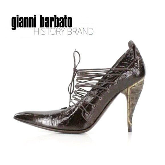 Gianni Barbato Shoes - Gianni Barbato Patent Leather Lace Up Pointed Pumps Sculptural Heel Brown 7.5